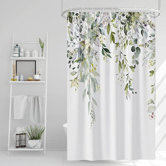 AWERT Small Stall Shower Curtain with Hooks Watercolor Plants Green Leaves 48x72 inch Half Size Shower Curtain for Bathroom/RV and Camper