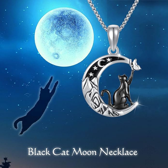 AUDINCCED Black Cat Necklace Turtle Necklace Gothic Jewelry Butterfly Necklace Cat Necklace 925 Sterling Silver Crescent Moon Necklace for Women Cat Gifts for Cat Lovers