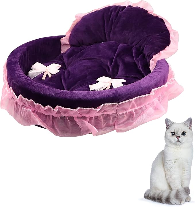 Pet Sleeping Bed for Small Dogs Cats Girl, Cozy Warm Dog Round Bed Lace Princess House with Soft Cushion, Self Warming Cat Sleep Beds Washable Pets Bedding for Indoor Kitten Puppy Girls