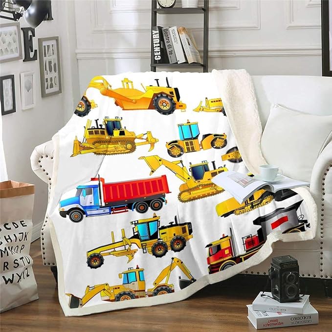 Boys Excavator Car Fleece Blanket for Bed Sofa Couch Kids Cartoon Construction Truck Sherpa Throw Blanket Son Machinery Vehicles Print Plush Blanket Soft Lightweight Fuzzy BlanketKing 87"x95"