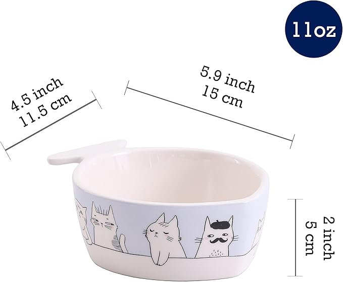 Bico Kitty Tea Party Fish Shaped Ceramic Cat Bowl, for Cat and Kitten, Dishwasher Safe
