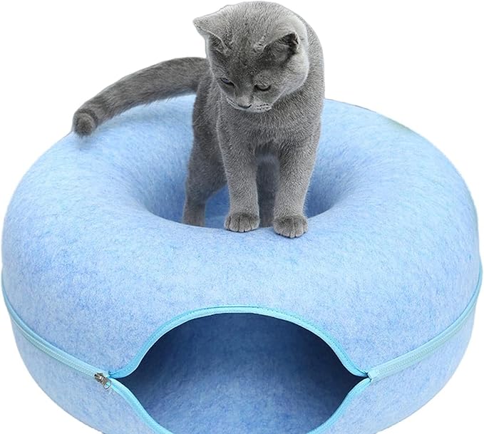 Cat Cave for Indoor Cats, Cat Donut Cat Tunnel Bed, Scratch Resistant Cat Toys for Medium Large Cats up to 30 lbs (Blue, Large)
