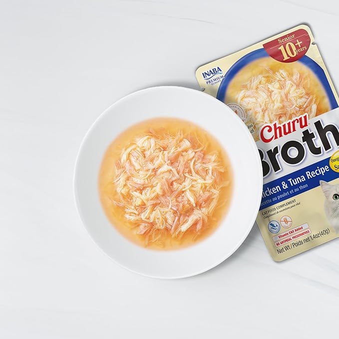 INABA Churu Broth for Cats Senior 10+, Chicken Broth with Shredded Chicken Side Dish Pouch, 1.4 Ounces per Pouch, 12 Pouches Total, Chicken & Tuna Recipe