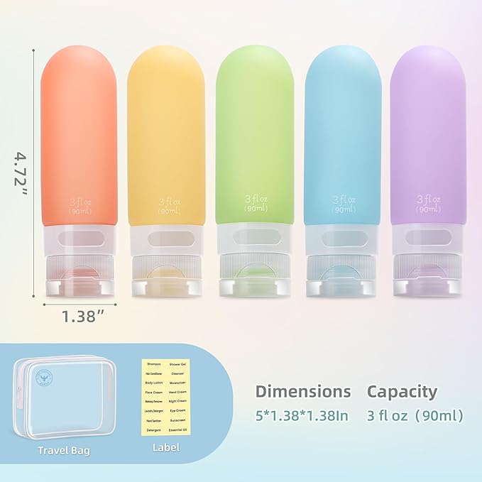 3oz Travel Bottles for Toiletries,Silicone Leak Proof Squeezable Travel Containers,TSA Approved Travel Essentials Bag for Shampoo Conditioner,5 Pack,White Pack