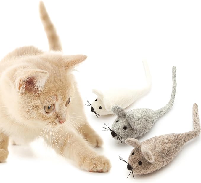 Glaciart One Felt Mouse Cat Toy – 3 Pcs | Soft Fuzzy Enrichment 100% Natural Wool Toy - Interactive Catnip Play Cat Toy Set - Safe for Pets, Non-AZO Colored Dyes