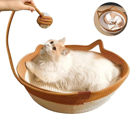 Hand Woven Cat Bed Basket Nest Round with Toy Tail, Natural Cotton Linen Cat Scratch Pad, Pet Sleeping Bed House Scratcher Scratch Mat Pad for Puppy Small Dogs Indoor Cat Summer (Small)