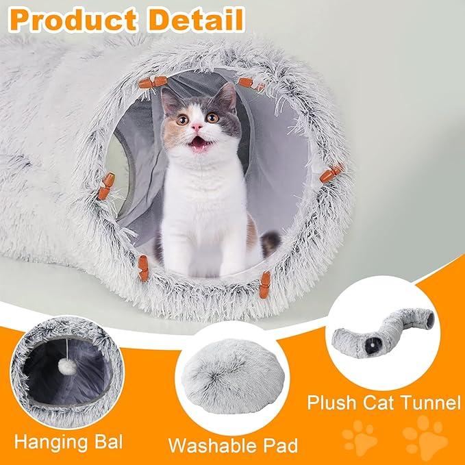 Cat Tunnel Bed for Indoor Cats,Warm Plush Cat Play Tunnel with Central Mat, Cat Calming Cave with Hanging Ball & 2 Peepholes,S-Shape Cat Tube and Cat Donut Tunnel (Grey)