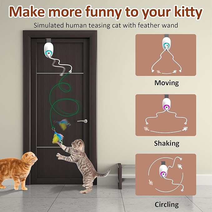 Cat Toy Feather and Mylar Crinkle Balls for Indoor Cats, Rechargeable Door Hanging Retractable Kitten String Toys,Electronic Self Play Cat Teaser Toy