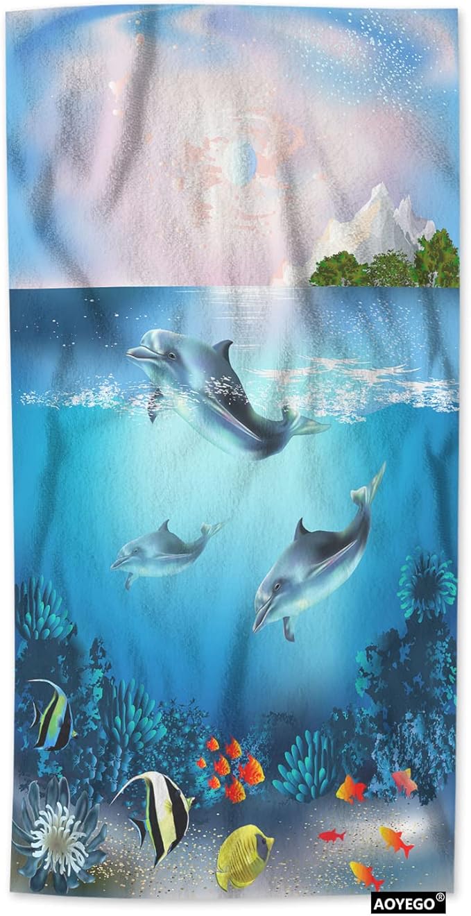 AOYEGO Underwater World Hand Towel Ocean Sea Dolphin Fish Seaweed Coral Mountain Tree Towels Cotton Face Towel Bath Kitchen Decor Set for Women Men Girls Boys 15x30 Inch