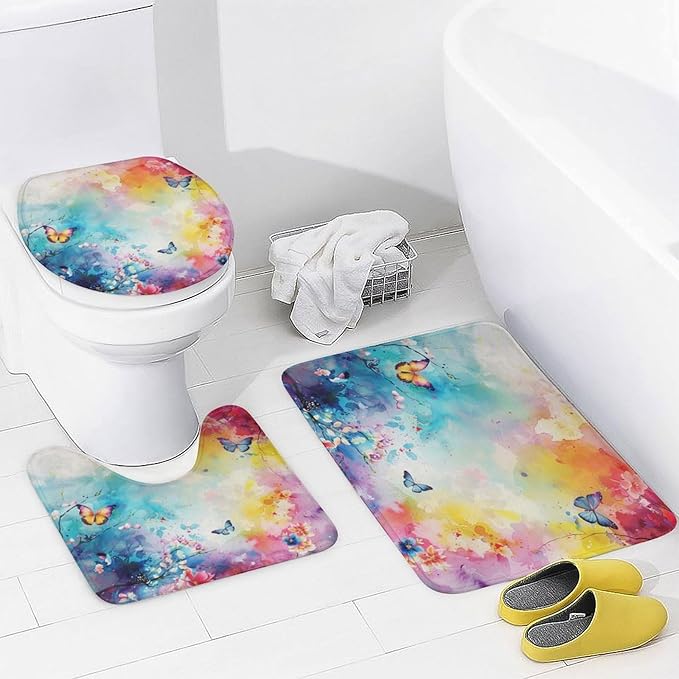 Brebasf Abstract Colorful Wildlife Butterfly Shower Curtain Set Bathroom Set Decorative Vintage Rustic Ink Tie Dye Florals Butterfly 4 Piece Shower Curtain, Toilet Cover, U-Mat, Floor Mat