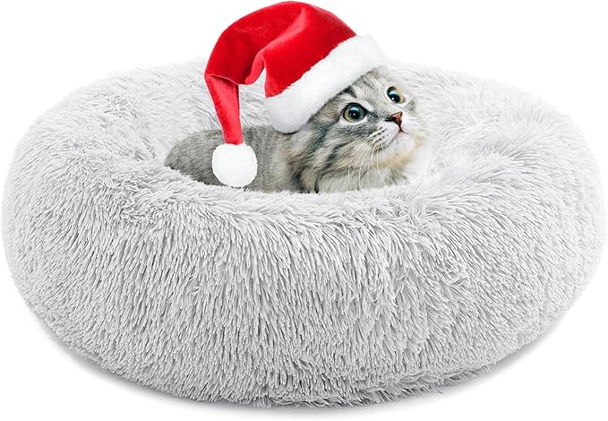 Small Cat Bed for Indoor Cats, Self-Warming Donut Kitty Bed for Small Cats Keeping Warm, Washable Pet Bed with Anti Slip Base, Pink 20‘’