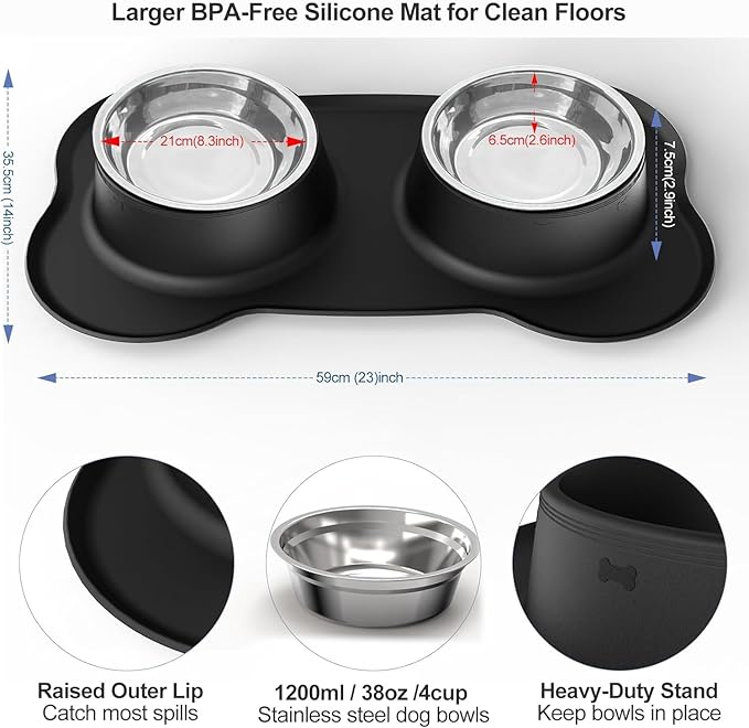 AsFrost Dog Food Bowls Stainless Steel Dog Bowls with No Spill Non-Skid Silicone Mat, Dog Food and Water Bowl Set, Dog Dishes for Small Medium Large Sized Dogs Pet Food Feeding Bowls, 4 Cup, Black