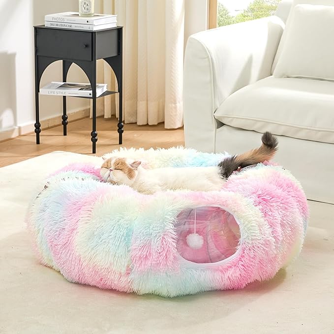 JIUPETY Cat Tunnel Bed with Soft Plush Mat, Collapsible Tube Playground, Cat Toy Tunnel for Indoor Cats, Kitten, Rabbit, Ferret, Fluffy Plush Material, Includes Dangling Balls, Rainbow