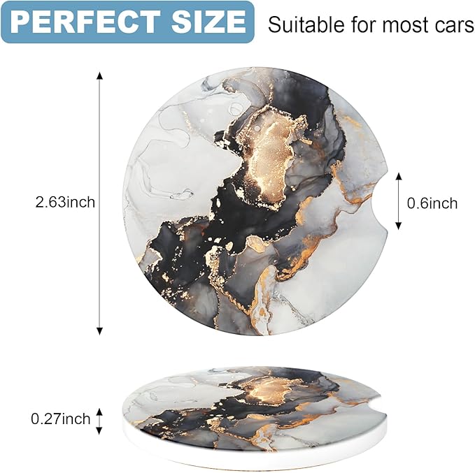 2 Pack Car Cup Holder Coaster, 2.63 inch Anti Slip Insert Absorbent Ceramic Car Coaster with Cork Base and Finger Notch, Cute Car Accessories Interior for Women, Cute Car Coasters., CH0025