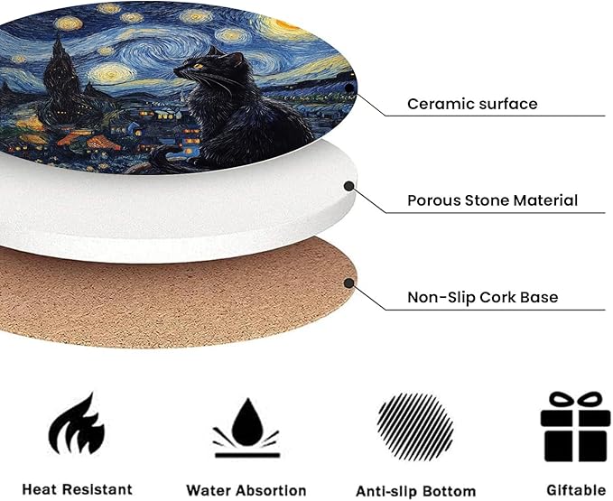 6 Pcs Black Cat and Van Gogh Art Coasters for Drinks,Round Absorbent Ceramic Coaster with Metal Holder, Starry Night Sunflower Irises Flower Cat Coaster with Cork Base for Coffee Party Gifts