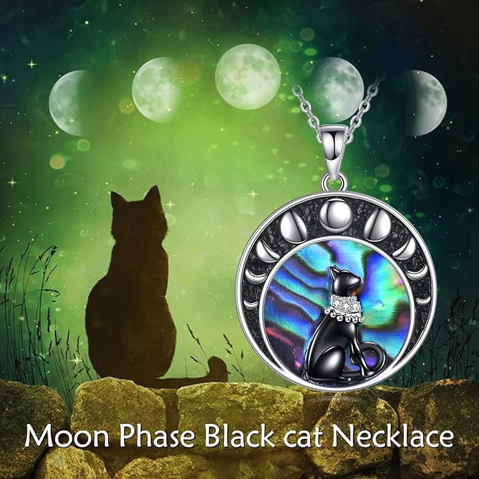 925 Sterling Silver Moon Black Cat Necklace for Women - Tree of Life Jewelry with Abalone Stone - Cat Lover Birthday Gift