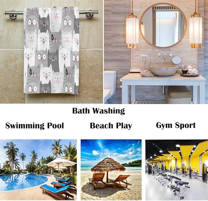Wamika Cat Pattern Large Hand Towels Retro Grey Funny Cats Kitten Animals Towel Ultra Soft Highly Absorbent Multipurpose Bathroom Towel for Hand,Face,Gym,Sports and Spa Home Decor, 16x30 in