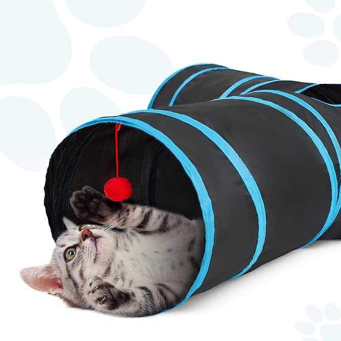 Tempcore Pet Cat Tunnel Tube Cat Toys 3 Way Collapsible, Cat Tunnels for Indoor Cats，Kitty Tunnel Bored Cat Pet Toys Peek Hole Toy Ball Cat, Puppy, Kitty, Kitten, Rabbit Blue Large Size