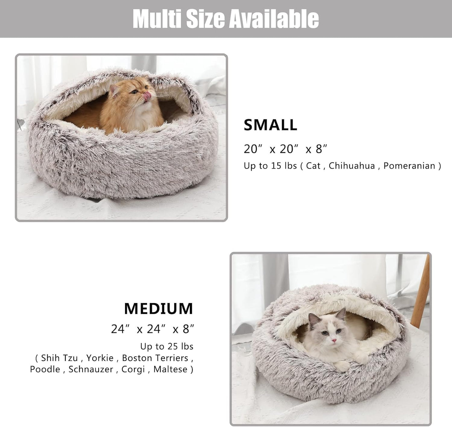 Calming Dog Beds & Cat Cave Bed with Hooded Cover,Removable Washable Round Beds for Small Medium Pets,Anti-Slip Faux Fur Fluffy Coved Bed for Improved Sleep,Fits up to 15/25 lbs (Small,20"x20")