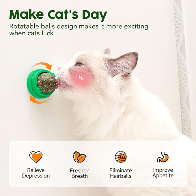 Potaroma Catnip Toys Balls 4 Pcs, Extra Cat Energy Ball, Edible Kitten Silvervine Toys for Cats Lick, Healthy Kitty Teeth Cleaning Dental Chew Toys, Cat Wall Treats (Green)