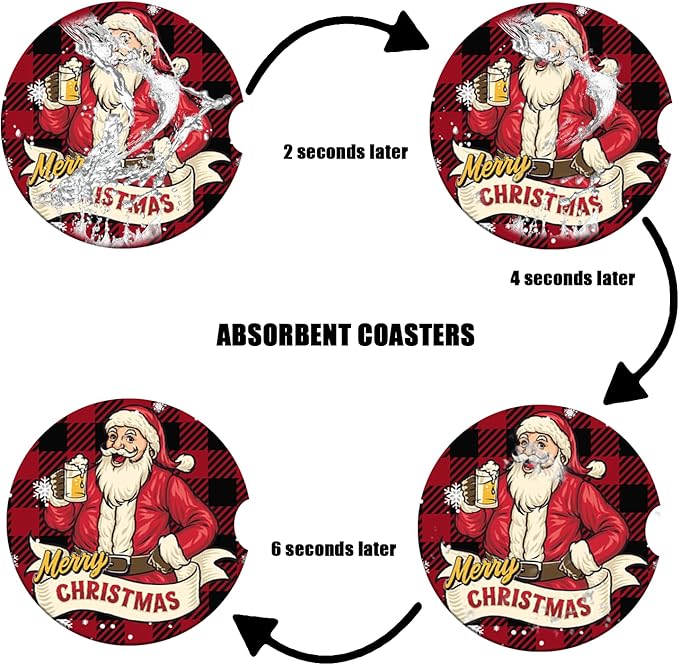 Car Cup Holder Coaster - Christmas Santa Absorbent Ceramic Coaster, Car Coasters for Cup Holders, Auto Accessories for Women & Men, Pack of 2