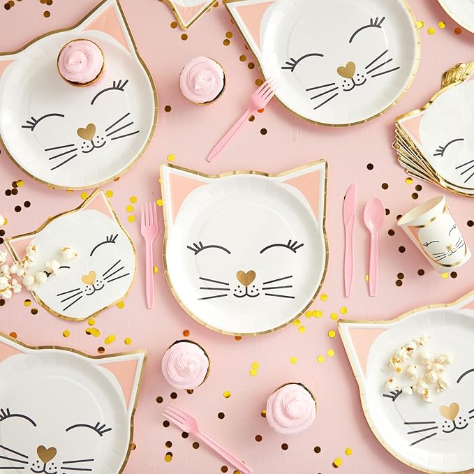 144 Piece Cat Themed Party Supplies Set, Serves 24 Includes Plates, Napkins, Cups, Cutlery – Kitty Birthday Decorations & Kitten Themed Parties Decorations