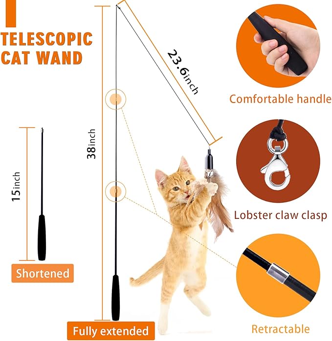 Retractable Cat Wand Toy for Indoor Cats Interactive Cat Feather Toys with Bell 8 Packs Kitten Toys with Fishing Pole Replaceable Worm Feather Tail Cat String Toy Gift for Indoor Outdoor