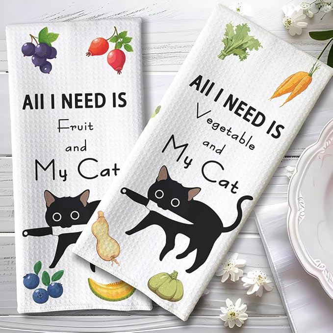 2-Pack Whimsical Veggie and Fruit Kitchen Towels Set-Quick-Drying Decorative Dish Towels with 'My Cat & Garden Harvest' Designs,Funny Animal Theme Hand Towels for Cooking,Purrfect Gifts for Cat Ladies
