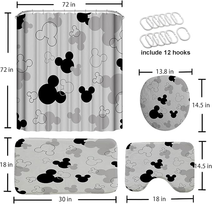 4 Pcs Black and Gray Mouse Bathroom Set - Includes Shower Curtain, Toilet Lid Cover, Contour Rug & Bath Mat - Waterproof Polyester Fabric, Non-Slip Backing - Gray Black Cartoon Design
