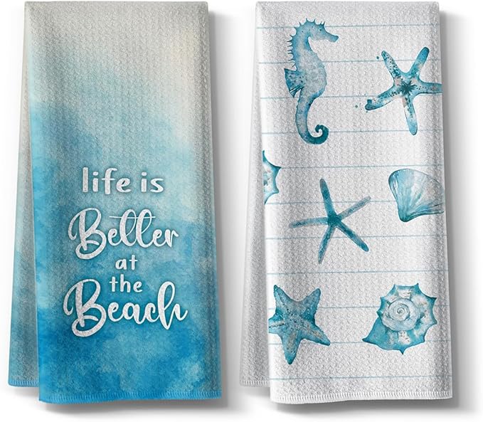 Beach Funny Kitchen Towels for Home Decor Starfish Seahorse Scallop Ocean Themed Summer Dish 16x24 Inch Seasonal Ultra Absorbent Bar Hand Towel Bathroom Farmhouse Set of 2-Blue