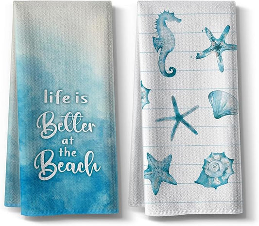 Beach Funny Kitchen Towels for Home Decor Starfish Seahorse Scallop Ocean Themed Summer Dish 16x24 Inch Seasonal Ultra Absorbent Bar Hand Towel Bathroom Farmhouse Set of 2-Blue