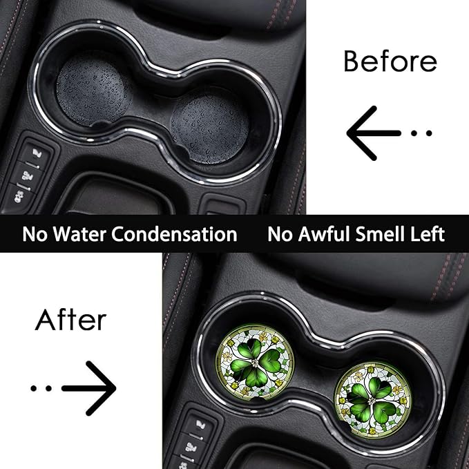Car Coasters for Cup Holders,2 Pack Four Leaf Clover Car Coasters,2.75" Universal Size Anti Slip Rubber Mat,Automotive Cup Holder Decal Decor Accessories,Four Leaf Clover Gifts for Women,Men,Mom