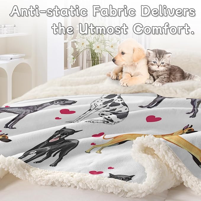 BlessLiving Great Dane Dog Blanket Red Heart Puppy Print Sherpa Fleece Throw Blanket Funny Dog Portrait Plush Blankets (Twin, 60 x 80 Inches)