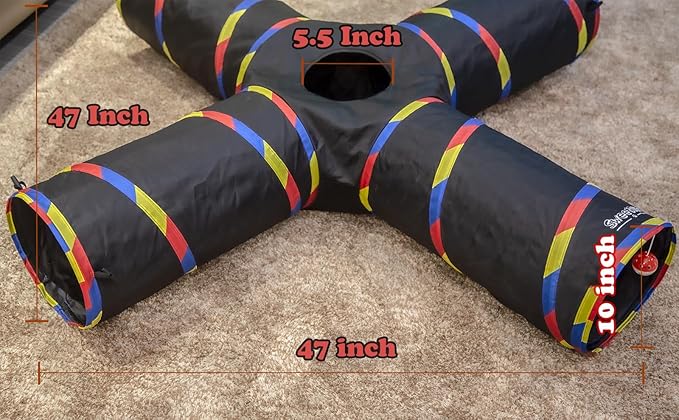 4 Way Large Cat Tunnels for Indoor Cats - 10" Diameter & 47" Long Cat Play Tunnel Toy - Cat Tube with Play Ball & Mouse Toy - Interactive Peephole (Black)