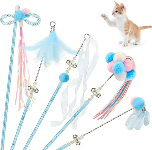 Potaroma Interactive Wand Cat Toys Toy, 5 Pcs Kitten Feather Toys for Indoor Cats to Chase and Exercise, Fun Cat Teaser, Light Blue