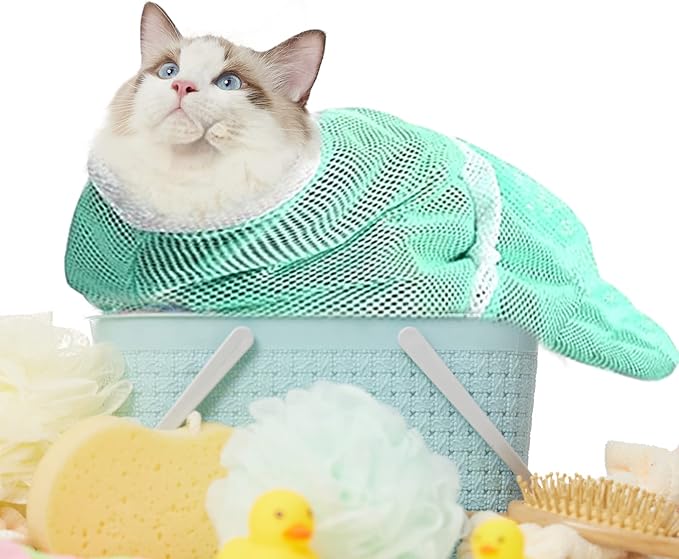 2PCS Cat Bathing Bag, Adjustable Cat Grooming Net Bag Breathable Cat Shower Bag for Cat Restraint Washing Bathing Nail Trimming Injection Medicine Taking (Green, Grey)