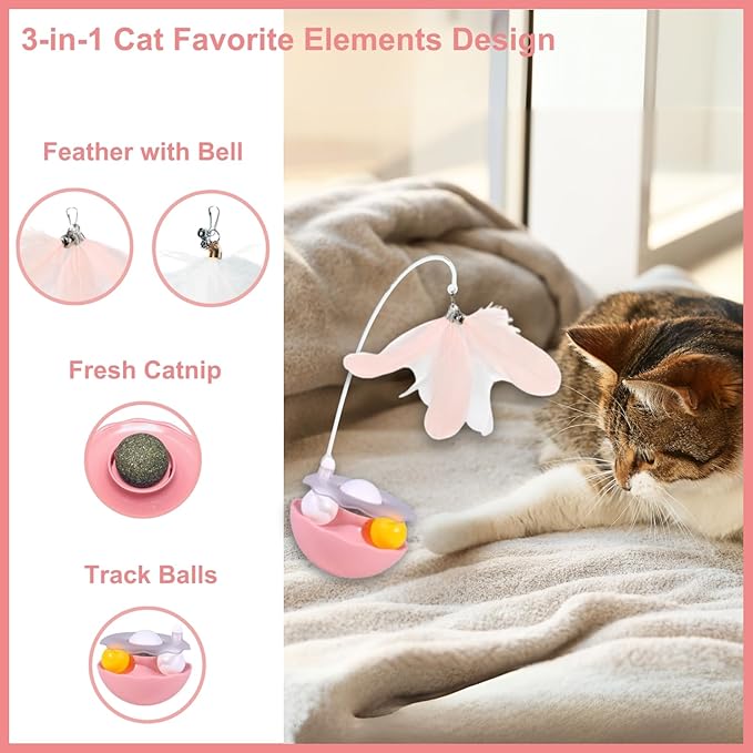 Interactive Cat Feather Toys, Catnip, Track Balls, Cat Teaser for Indoor Cats and Kittens Exercise (Pink)