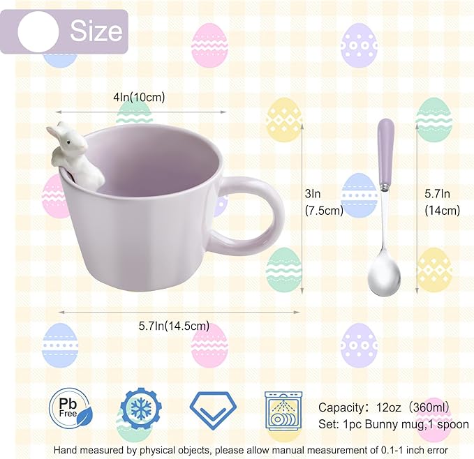 BigNoseDeer Cute Easter Bunny Mugs with 3D Rabbit Inside Ceramic Bunny Coffee Mug with Spoon Cute Gifts Easter Gifts for Women Kids 12oz (Purple)