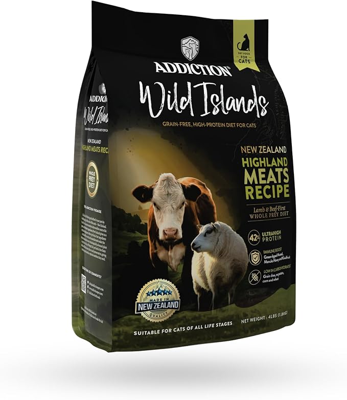 Addiction Wild Islands Highland Meats – Premium Grass-Fed Lamb & Beef Recipe – High-Protein, Whole Prey, Grain-Free Dry Cat Food for All Life Stages – 4lbs