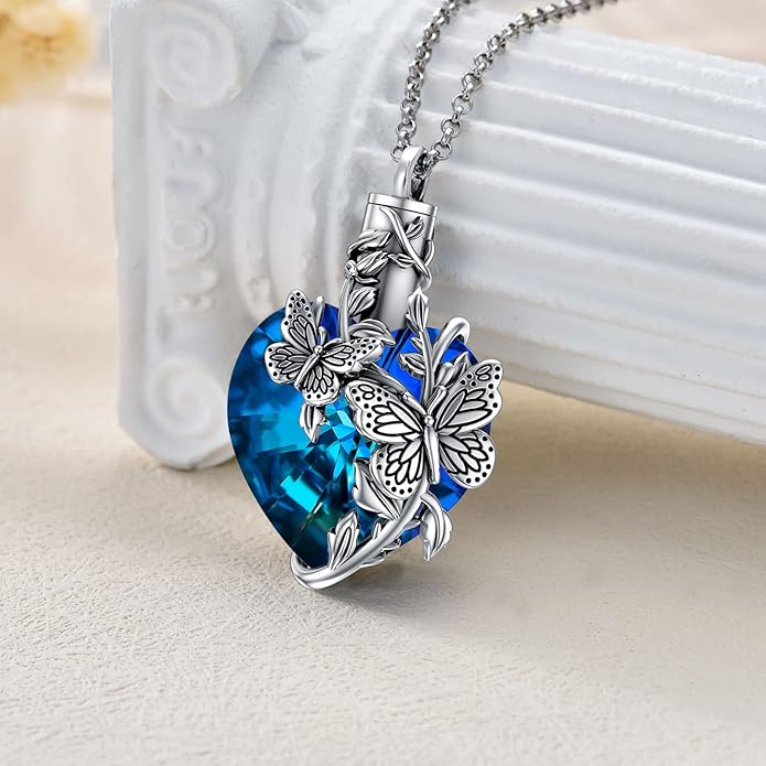 Animal Crystal Urn Necklace For Ashes Sterling Silver Butterfly Dragonfly Bee Phoenix Peacock Hummingbird Fox Angel Wing Pentagram Pentacle Cremation Necklace Heart Teardrop Urn Holder Necklaces For Women Memorial Jewelry