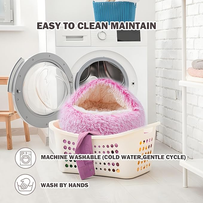 Cat Bed Calming Cat Beds,Indoor Washable Cat Bed，Anti-Slip Faux Fur Fluffy Cuddler Anxiety Cat Bed,Warming Cuddler Cushion Bed for Small Medium Dogs and Cats (Gradient Pink, 24 * 24inch)