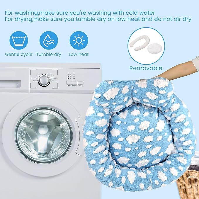 Cat Bed & Dog Bed, Removable Cozy Soft Cat Bed Washable Round Cute Dog Bed with Jacquard for Small Medium Cats and Dogs, Blue Sky L