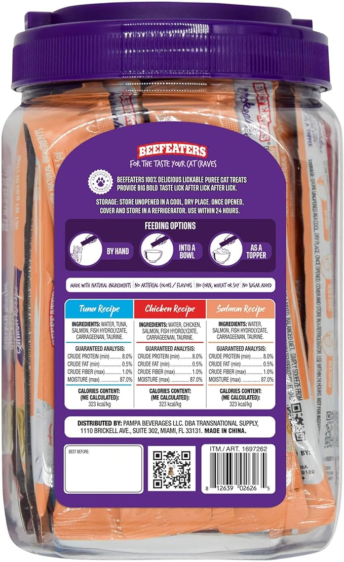 Beefeaters Cat Treats - Variety Pack Lickable Puree 48ct | Cat Food Salmon, Tuna, Chicken | Grain-Free, Taurine-Enriched | Training Treats - Interactive Feeding | Wet/Dry Food