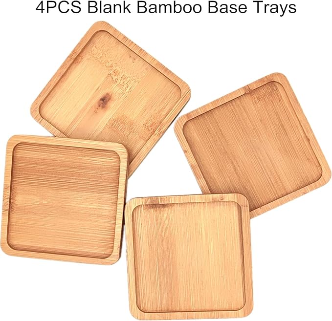 4PCS Mosaic Bamboo Coasters for Crafts, Blank Base Trays, Drinking Cup Coaster, Plant Coaster, Art Plate,DIY Mosaic Supplies (Square)