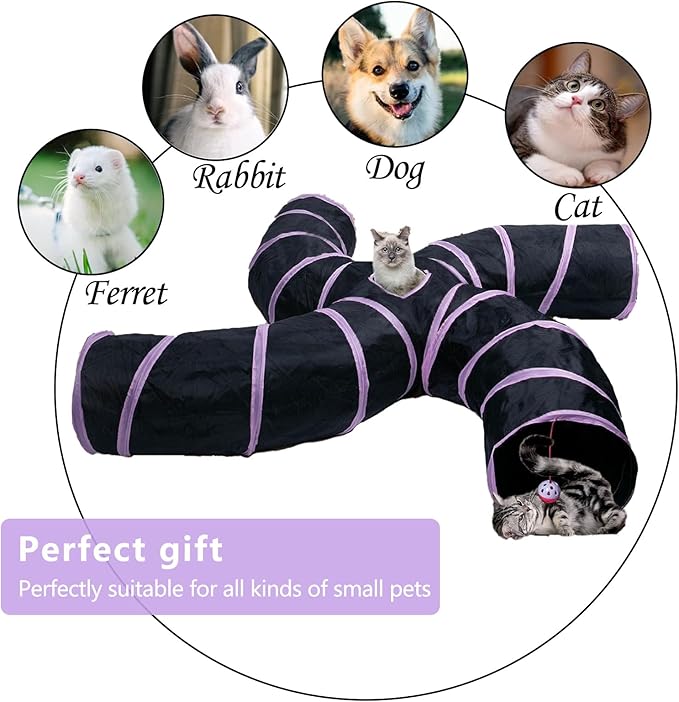 EGETOTA Cat Tunnel for Indoor Cats Large, with Play Ball S-Shape 4 Way Collapsible Interactive Peek Hole Pet Tube Toys, Puppy, Kitty, Kitten, Rabbit (S4 - Black & Pink)