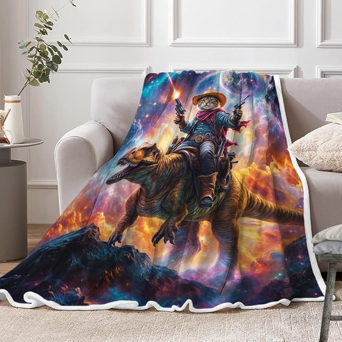Funny Cat Dinosaur Blanket, Blue Galaxy Space Rainbow Decor Throw Blanket Cozy Plush Flannel Fleece Warm Soft Lightweight Fuzzy Blanket Funny Gifts for Boys Girls Teens Women for Bed Sofa Couch
