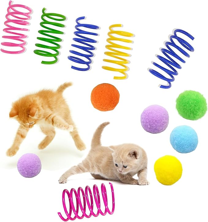 itPlus Cat Toys for Indoor Cats, Cat Spiral Spring Soft Cat Pom Pom Balls Interactive Toys for Kitty Cats Keep Fit Great for Cats Hunting Kitten Toys (6pcs Ball&6pcs Springs)