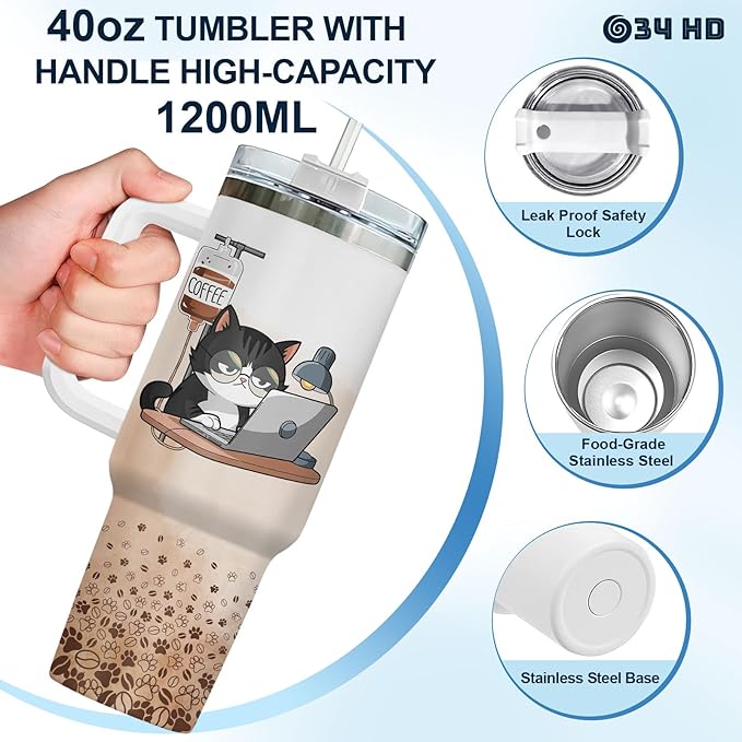 34HD Tuxedo Cat Tumbler 40oz Stainless Steel with Handle and Straw, It's Fine I'm Fine Mug, Funny Cat Travel Mug, Mothers Day Gifts for Tuxedo Mom