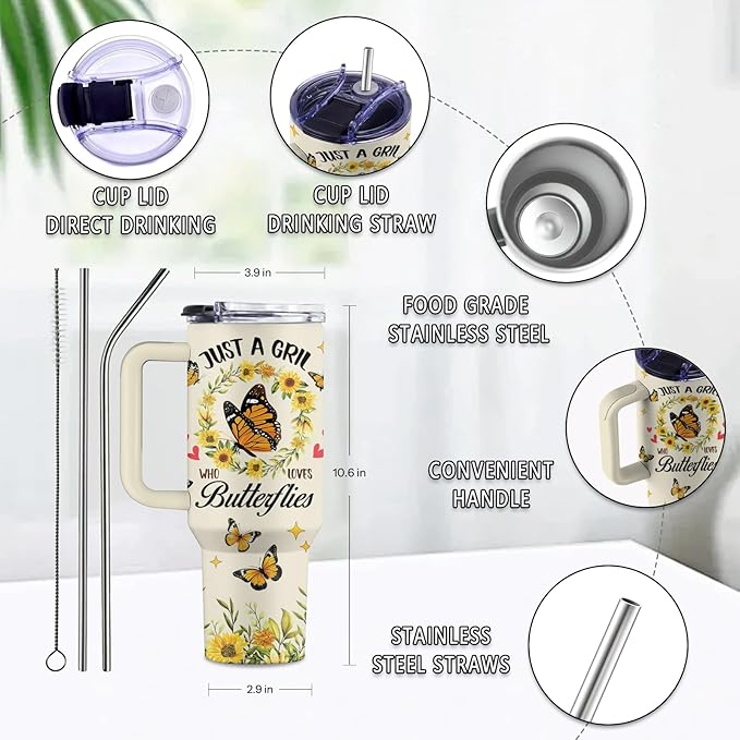 Butterfly Gift, 40 Oz Just a Girl Who Loves Butterflies Tumbler with Handle & Straw, Birthday Gifts for Animal Lovers Women Men, Stainless Steel Yellow Butterfly Tumbler
