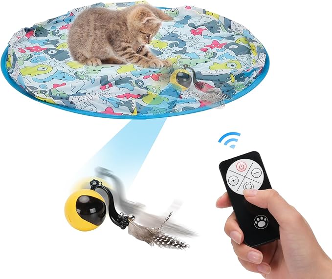 Interactive Cat Toy Ball,Simulated Hunting Remote Control Cat Toy,Electric Cat Automatic Ball Fast Rolling in Pouch, Motion Activate Chirping Hide and Seek Cat Toy Mouse Catching Game